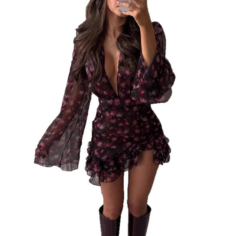 2026 Floral Print Chiffon Dress Deep V-Neck Long Sleeve Ruffle Hem Mini Women