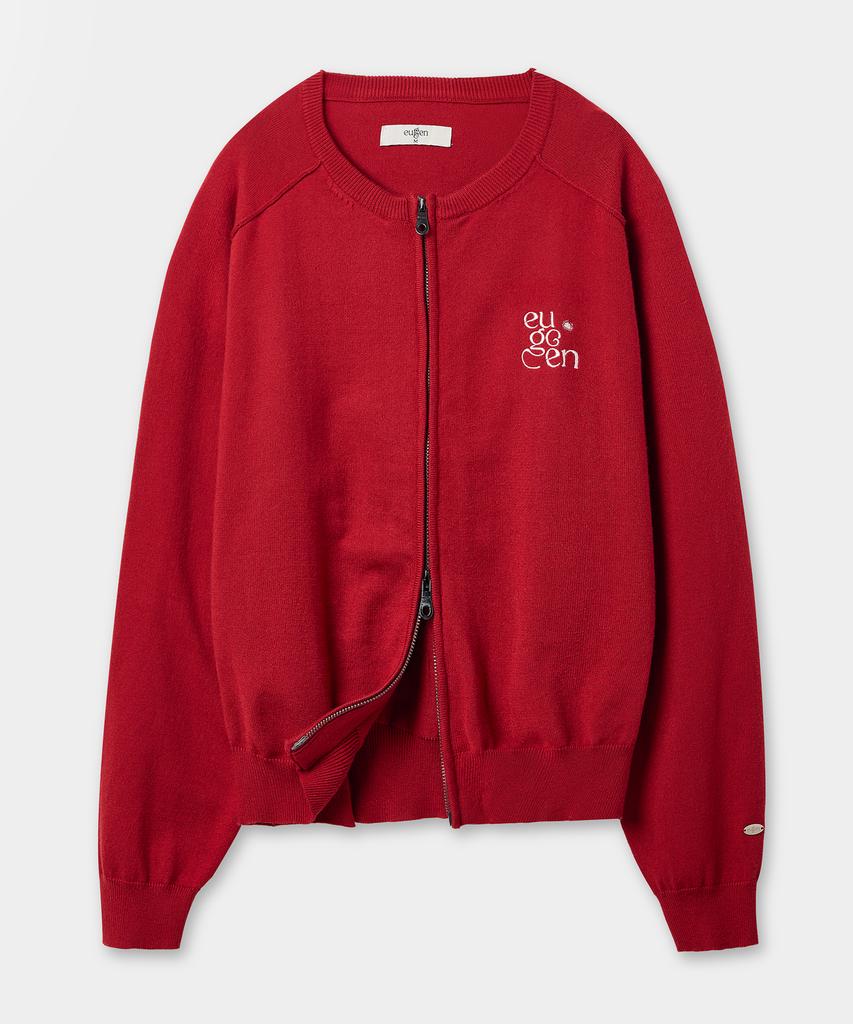 Yujen Minimal Round Neck Two-Way Knit Zip-Up_Red
