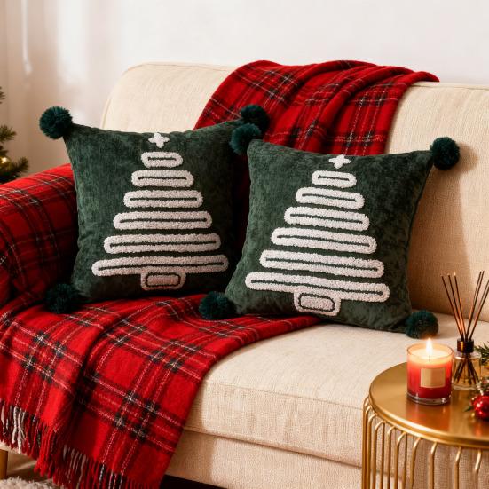 Christmas Tree Pattern Throw Pillowcase with Tassel Hair Ball Decoration Pillow Cover Farmhouse Style Cushion Cover
