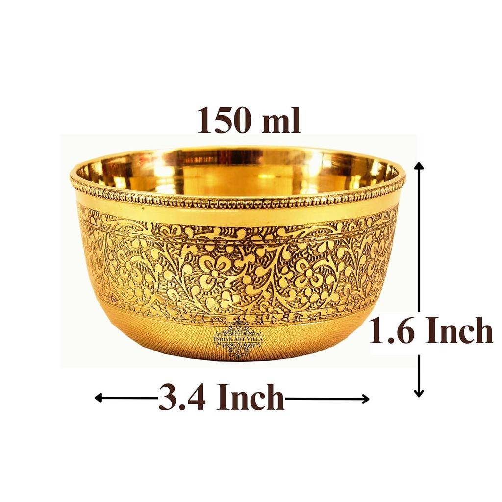 Pure Brass Embossed Design Flat Bottom Bowl, Decorative Dinnerware, Tableware and Serveware for Home Hotel Restaurant, Volume-150 Ml, Set of 4