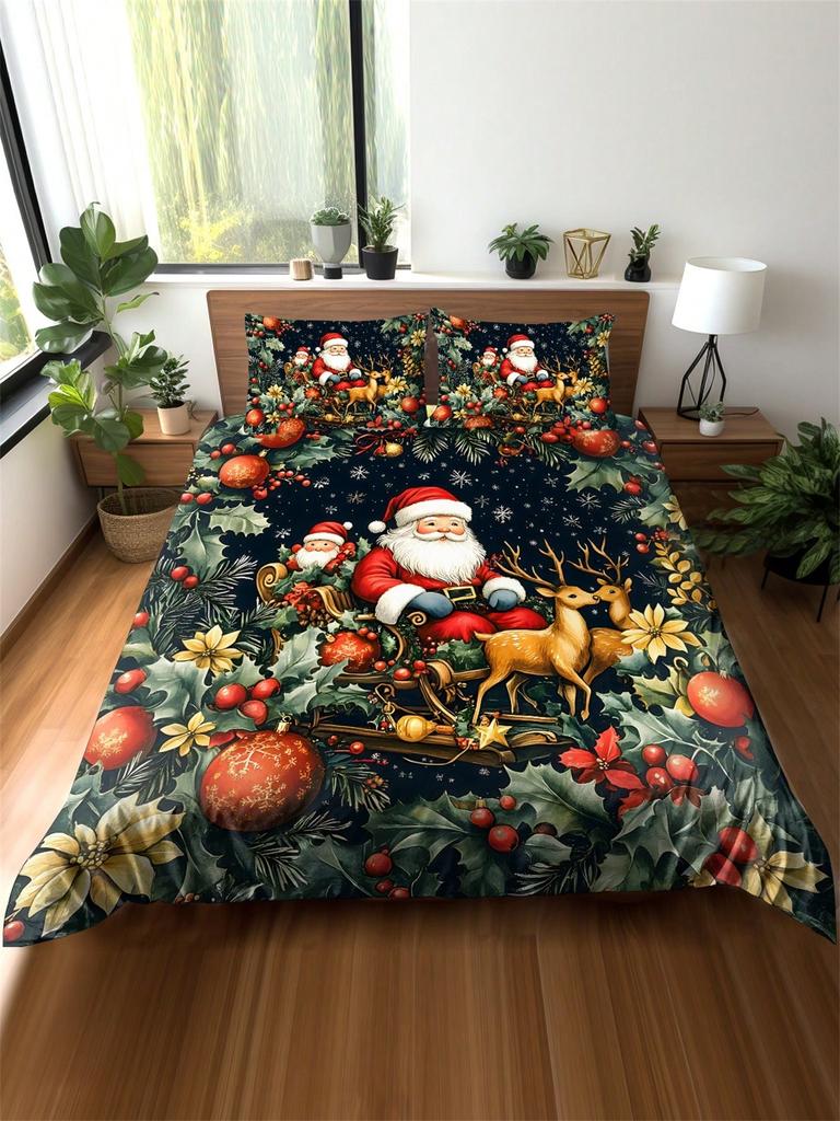 2/3pcs Christmas Tree, Gift Box, Snowflake, Deer, Santa Clause Digital Printing Brushed Duvet Cover Set, Soft & Comfortable