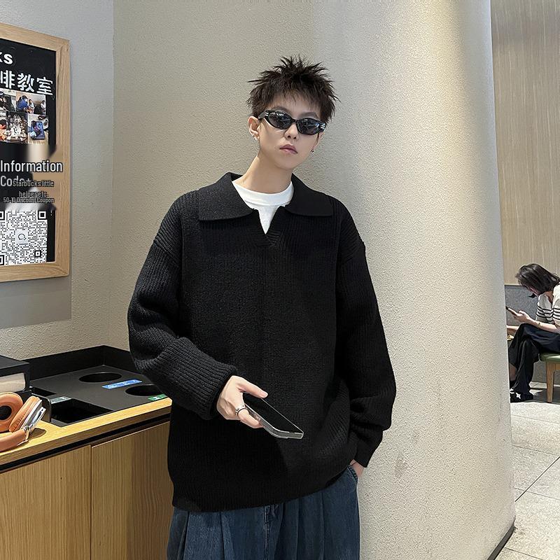 Men's Winter American Style Black Knit Polo Sweater