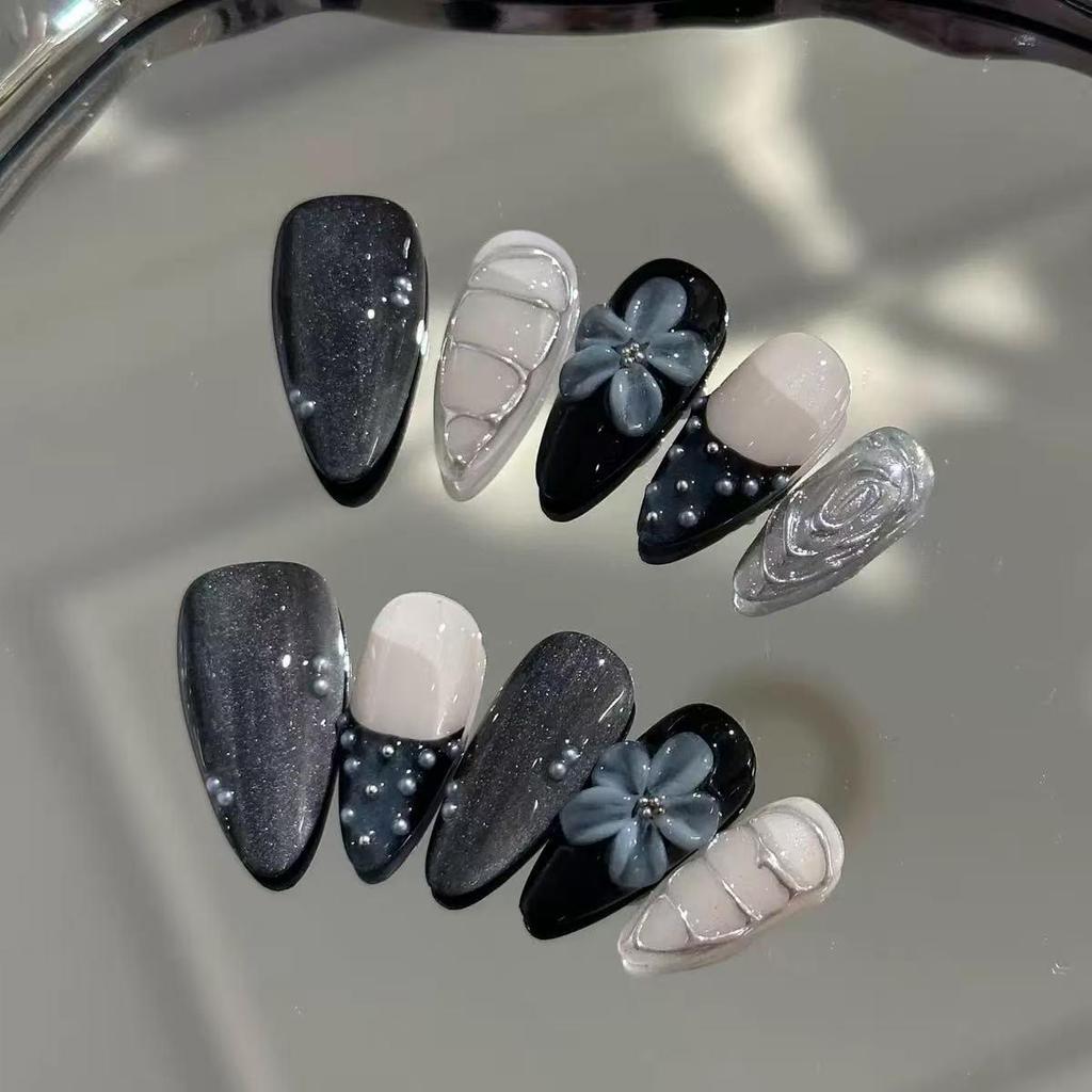 European & American High-End 3D Cat's Eye Almond Carving Press-On Nails, Pure Handmade Wearable Nail Art.