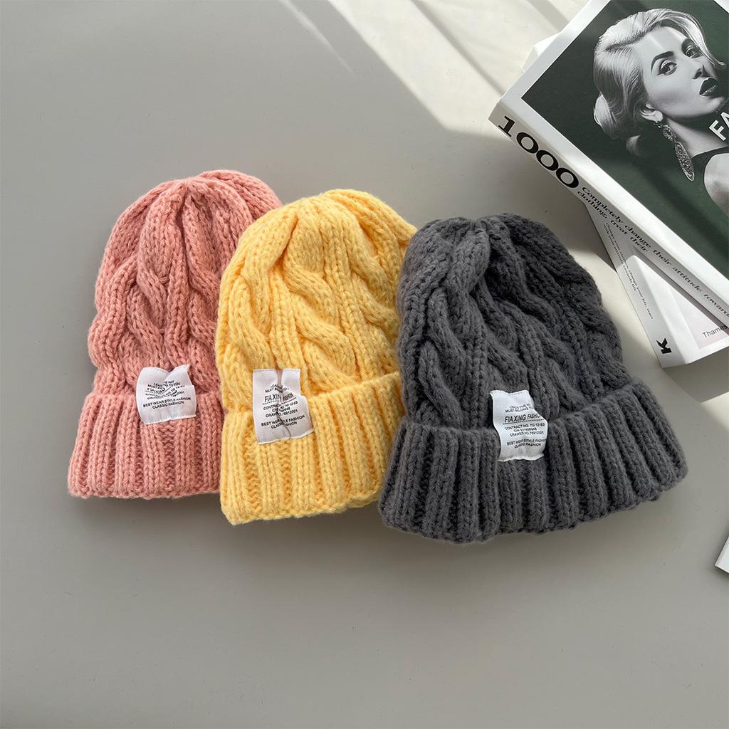 Knitted hat, candy color, white label twist wool hat, autumn and winter warm bag head hat, women's trendy cold hat, men's