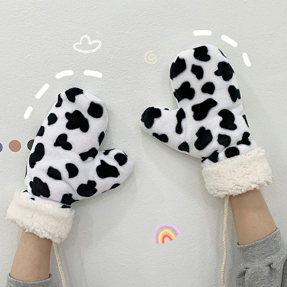 Adult Men Plus Velvet Driving Christmas Mittens Cow Printed Full Fingers Gloves Women Halter Gloves
