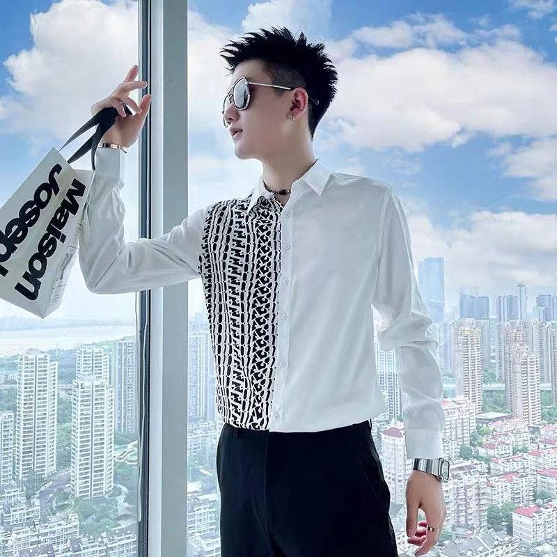 Formal Straight Temperament Button Printing Turn-down Collar Sven Man Loose Long Sleeve Shirts Asymmetrical Men's Clothing Thin