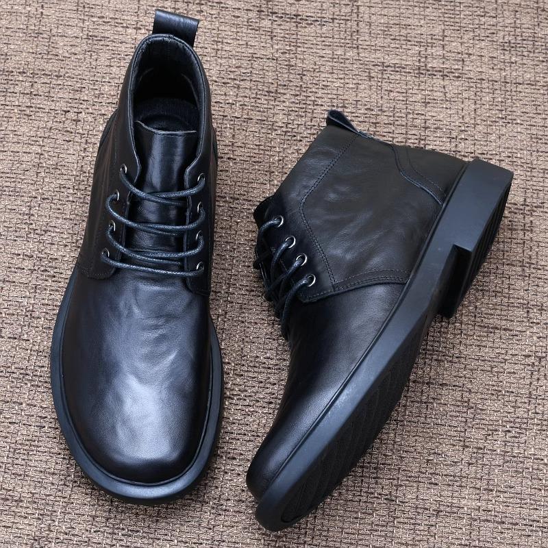 Leather shoes men's autumn lace up men's boots thick soled soft leather casual mid top winter suede boots
