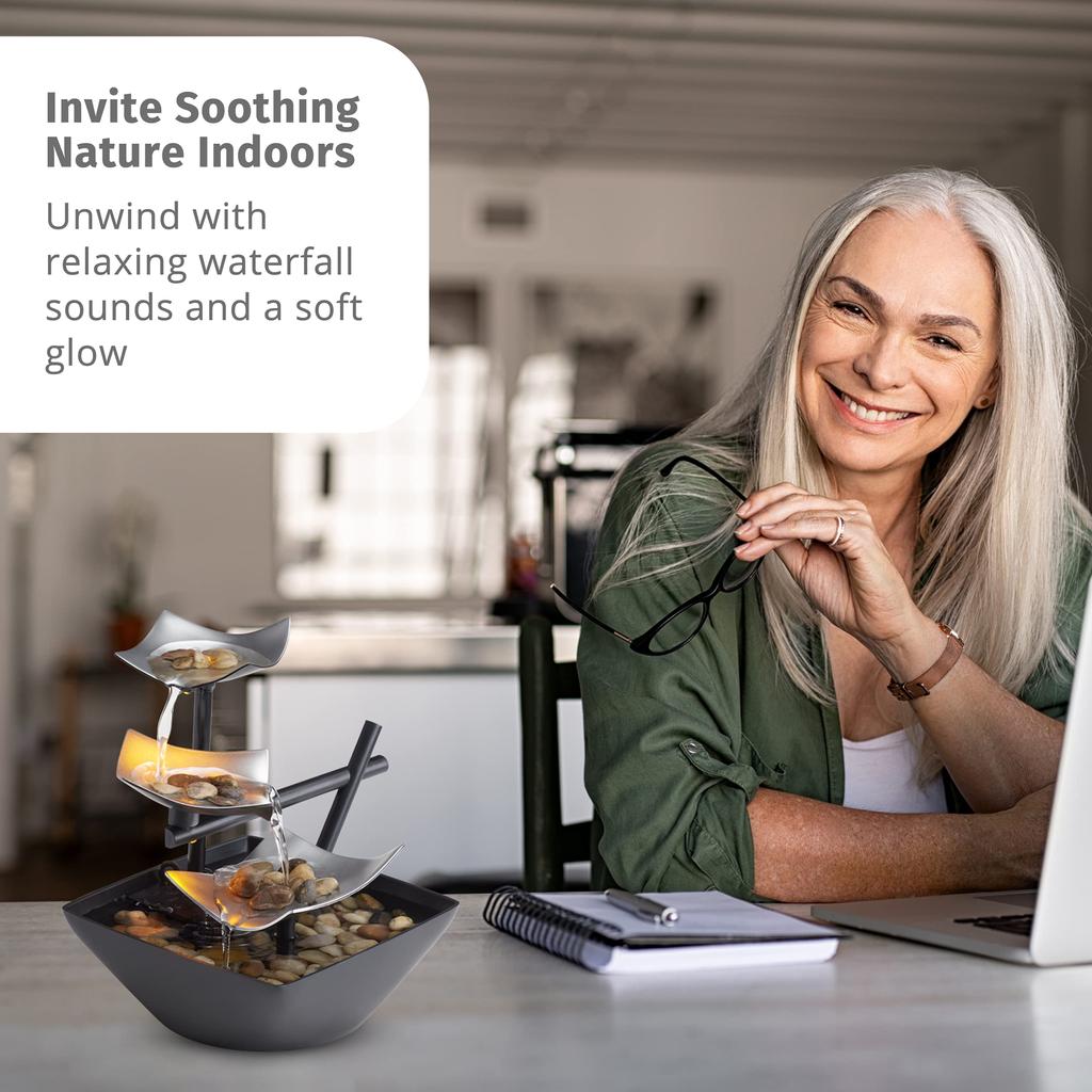 Tabletop Water Fountain, Home Décor Soothing Sound Machine - Automatic Pump, Deep Basin & Natural River Rocks for Office Bedroom