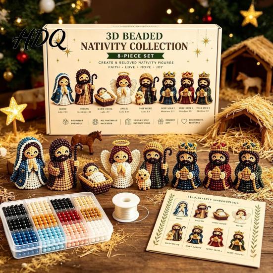 Handmade Nativity Figures 3D Bead Craft Kit for Christmas Decoration DIY Beaded Festive Home Decoration Supplies Scene Figurine Set Adults