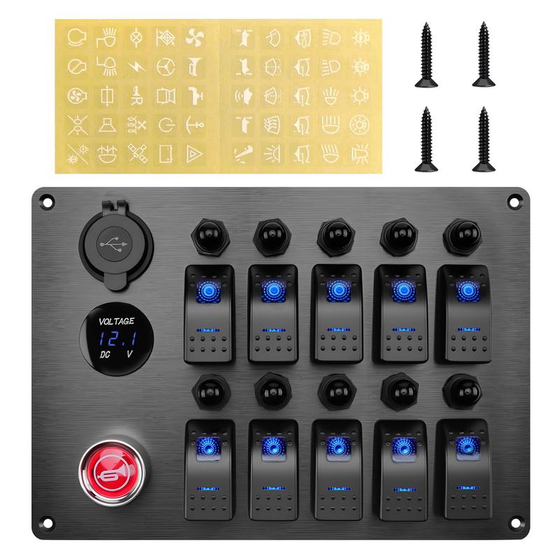 10 Gang Switch Panel Rocker Circuit Breaker Toggle Switch Panel With 3.1A Dual USB Charger+Voltmeter For Car Boat RV Camper