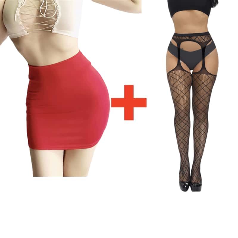 2PCS/SET Women High Waist Pencil Mini Skirts+Stockings Dress Set,Sexy Casual Wrap Hips Black Short Skirt and Pantyhose