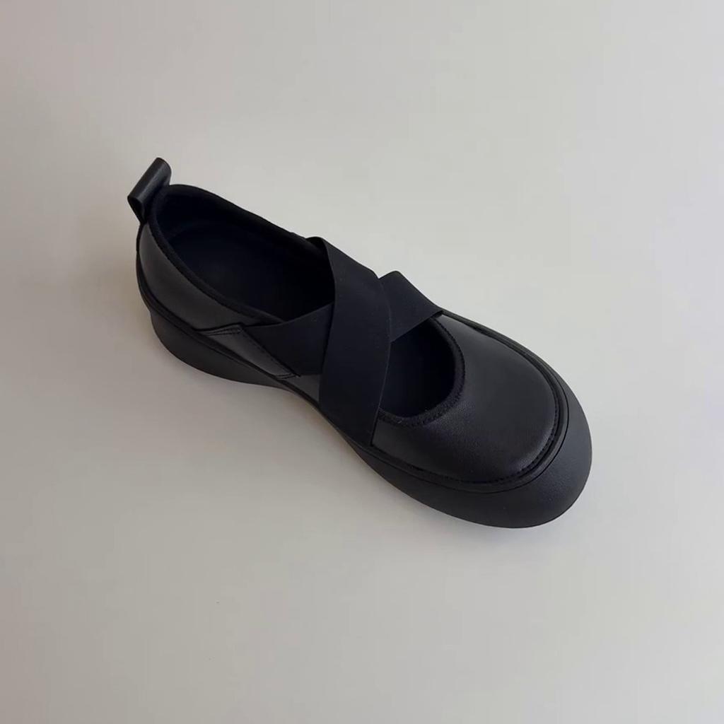 Sheepskin version~ platform sports cross strap Mary Jane small leather shoes round head ballet shoes women's shallow mouth retro single shoes