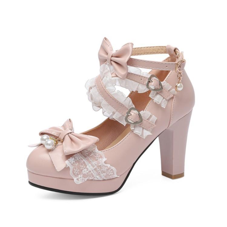 New sweet bow Lolita lace candy shoes thick high heel single shoes large size shoes