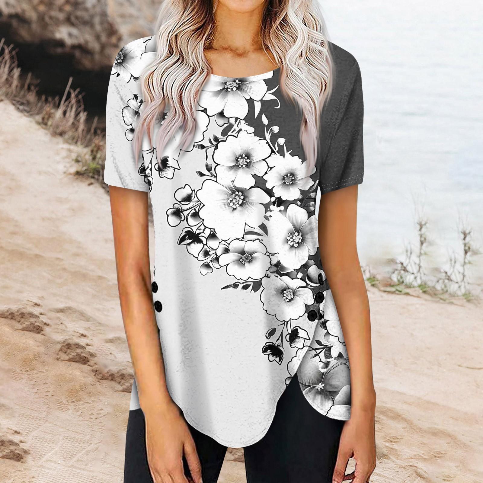 

Жіноча літня верхня частина з принтом на ґудзиках і круглим вирізом із короткими рукавами XXXL