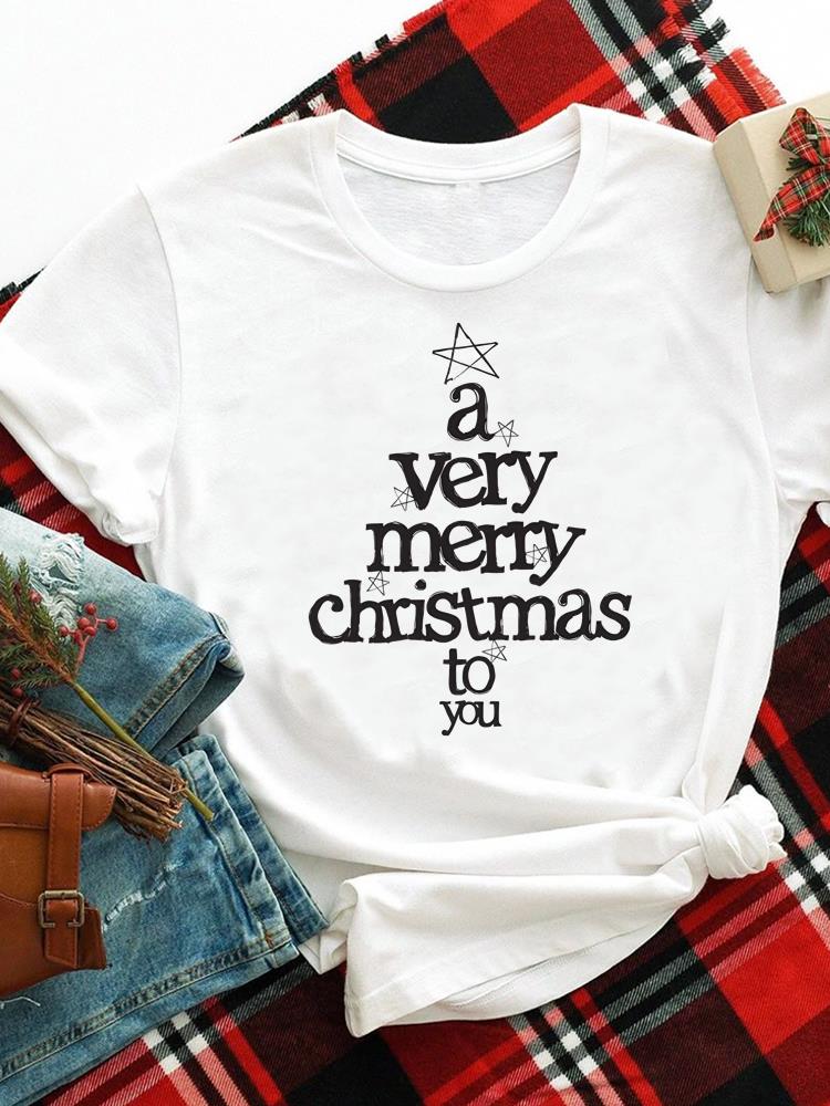 (Asian Size) merry Christmas new year o-neck Women's Top T Clothing Print lovely trend cute Short Sleeve T-shirts Fashion holiday Graphic Tee
