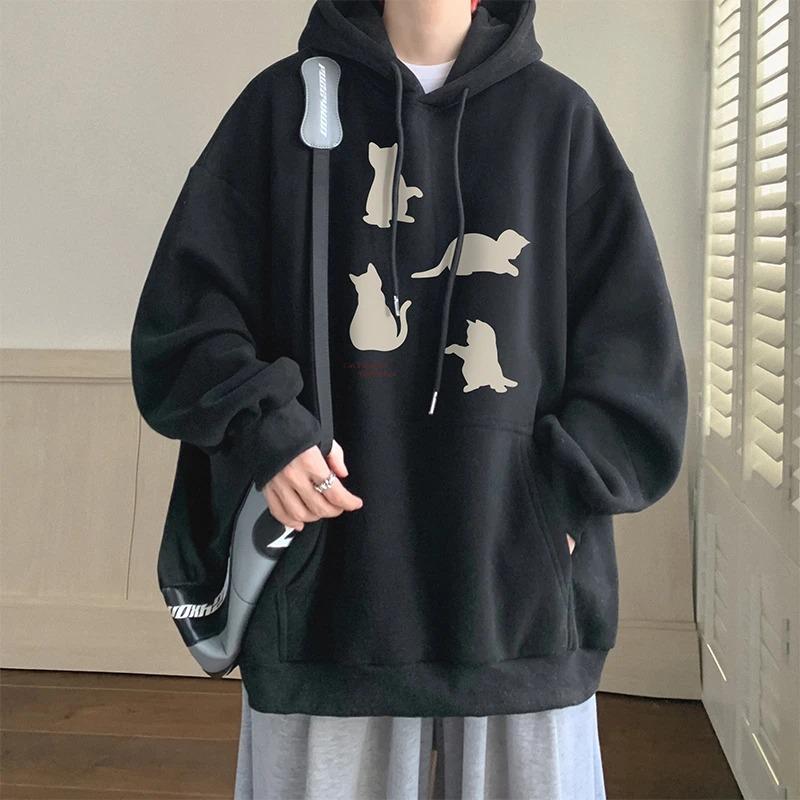Hooded Sweatshirt Men's Autumn Winter Velvet Thickened Kitten Print Jumpers Trendy American Pullovers