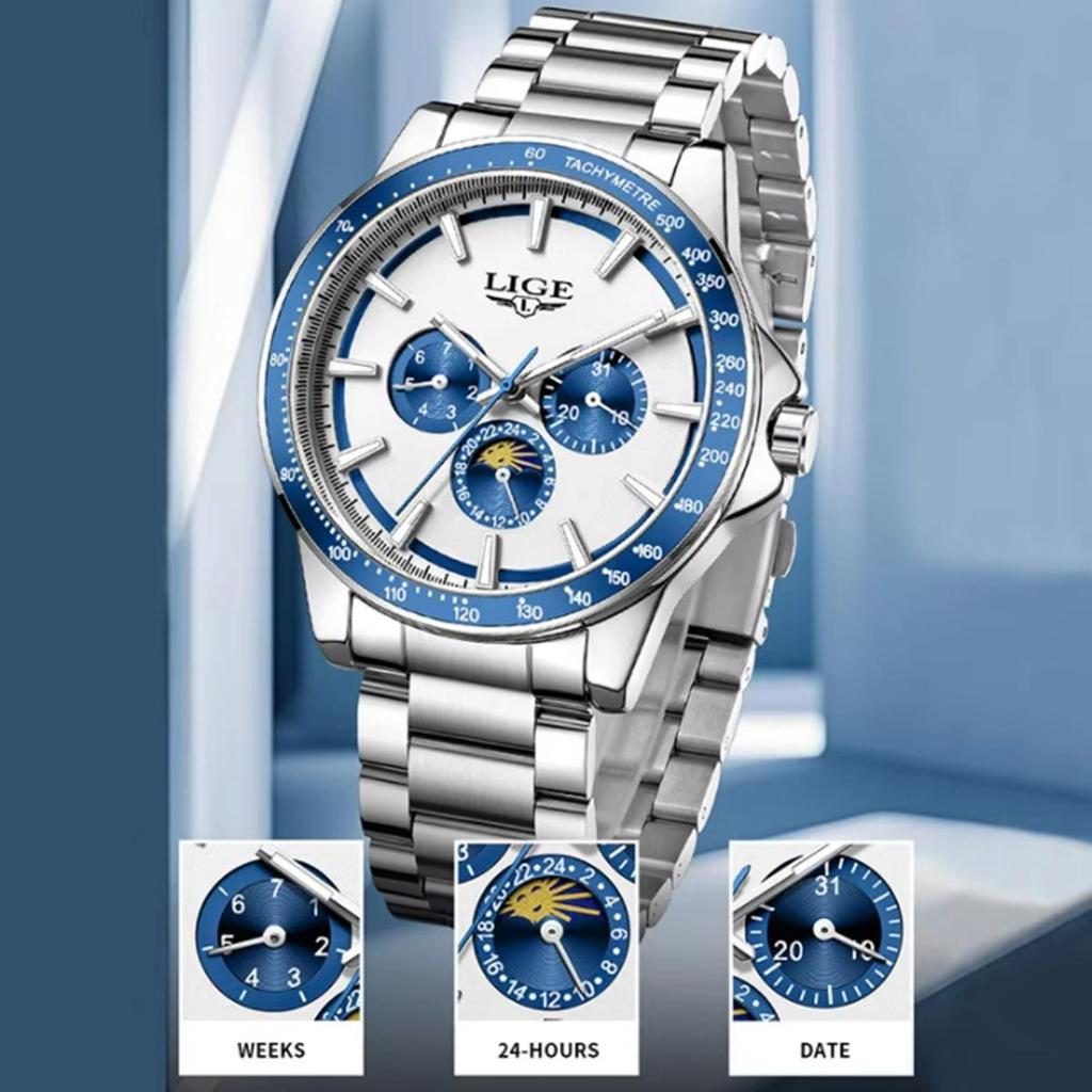 LIGE Unique Dial Quartz Man Watch Stainless Steel Business Luxury Clocks 24-Hour Moon Phase Waterproof Date Week Watches
