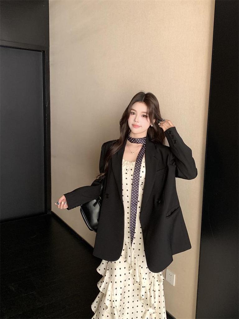 Elegant Plus Size Polka Dot Dress & Black Cardigan Set - Women's Spring/Summer Slimming Style