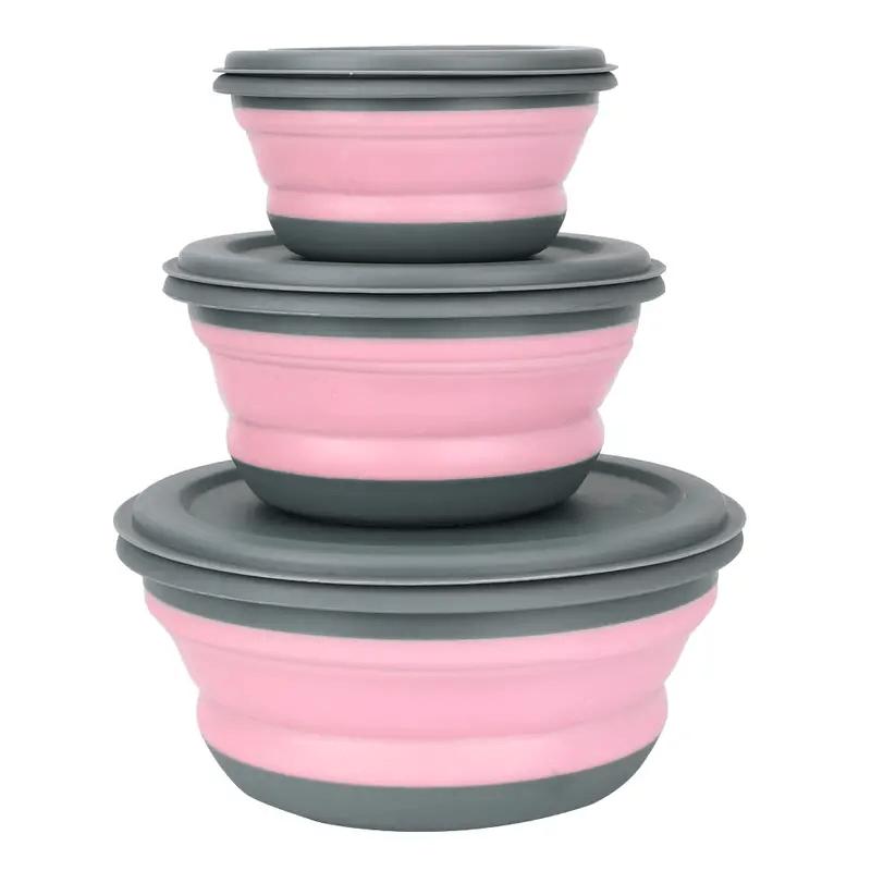 Farida Bio 3Pcs Silicone Folding Bowls With Lids - Portable Tableware For Outdoor Travel, Picnics, And Camping - Kitchen Retractable Folding Salad