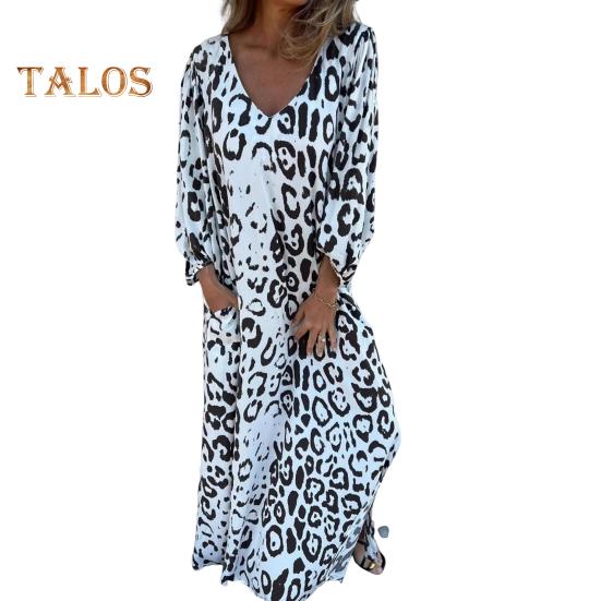 Women's Leopard Print Dress V-Neck Long Sleeve Maxi Dress Casual Loose Fit Spring Summer Dress for Office Daily Wear Vacation Party