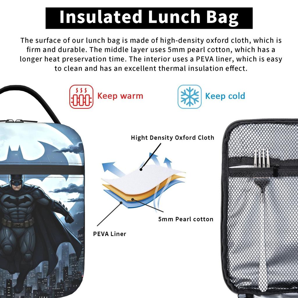 B-Batmans Cartoon Lunch Bag Office Portable Insulated Thermal Tote Handbags For Girl Boy  Oxford Print Cooler Bag