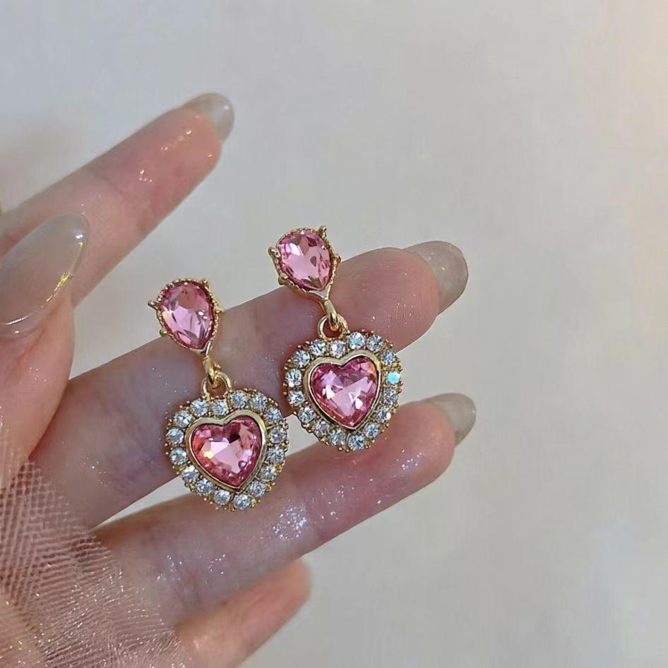 Super flash pink love zircon earrings sweet less design earrings spring and summer jewelry earrings versatile stud earrings