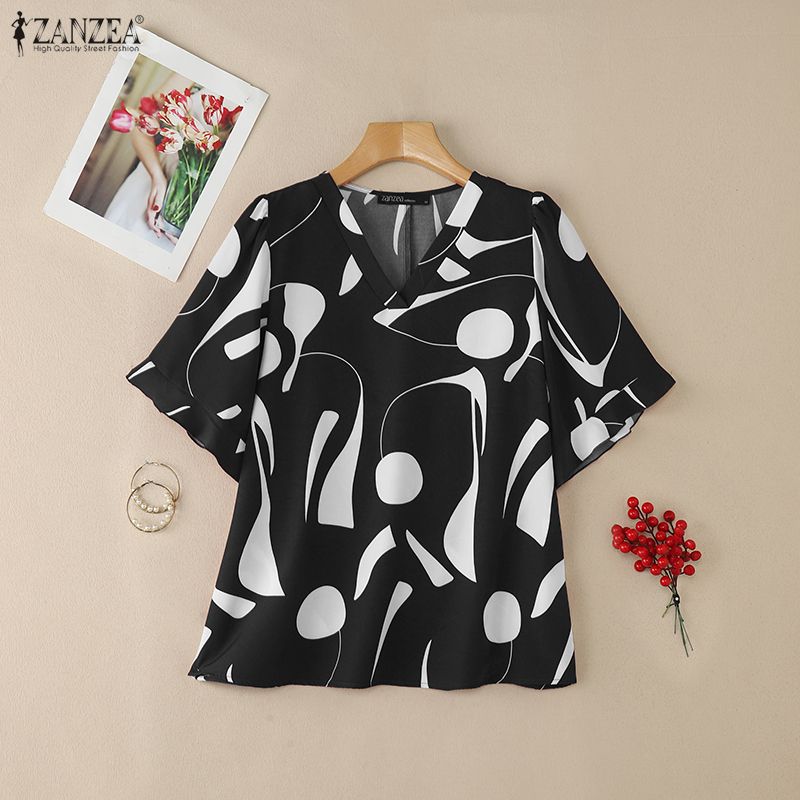 ZANZEA Women Casual V-Neck Loose Short Sleeve Print Blouse