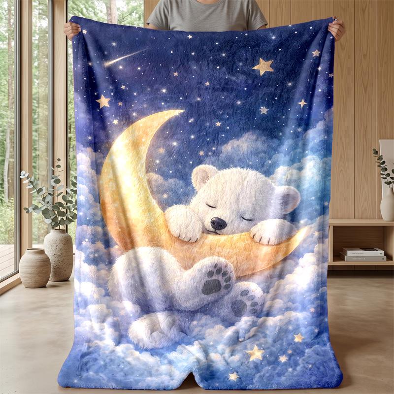 Polar Bear Sleeping on Moon Theme blanket Lightweight Warm Flannel Blanket Decorative Throw Blanket for Home Decoration