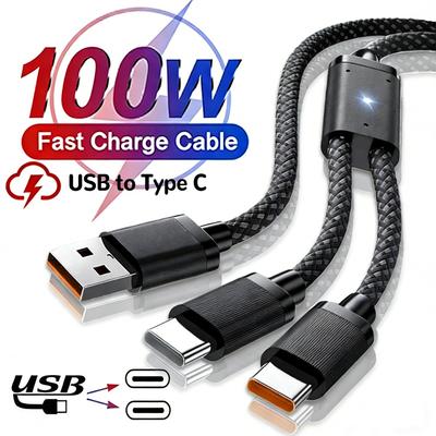 100W Super Fast Charging Cable USB A To Dual Type-C Data Splitter Extension Y Cables for IPhone 17 Samsung Xiaomi Google Laptop