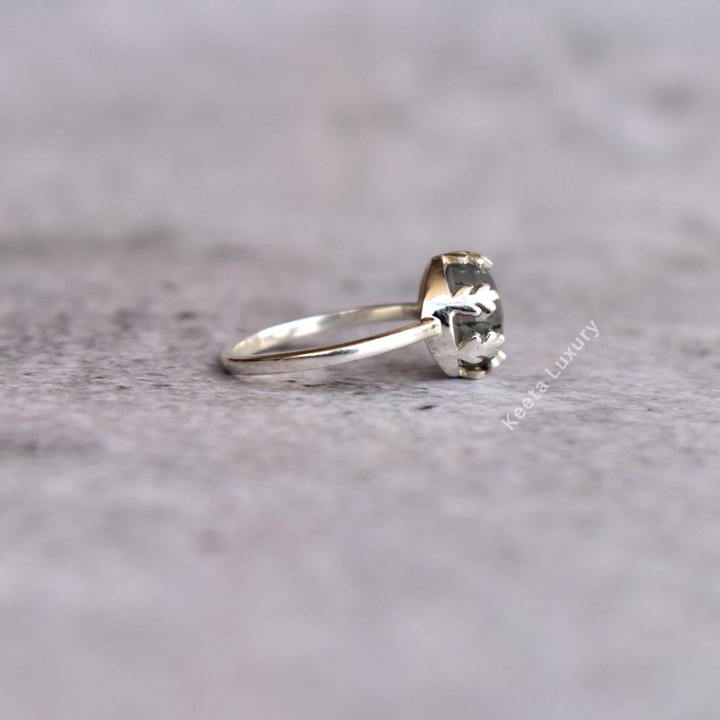 Round Cut Natural Moss Agate dainty ring , Nature Inspired Leaf Ring , healing gemstone bohemian ring , Bridesmaid gift , Gift for her