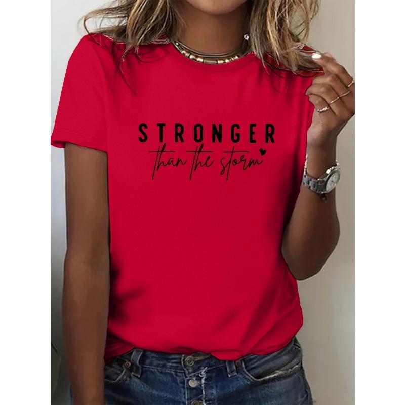 Women's Turquoise "STRONGER Than The Storm" Graphic T-Shirt - Elegant Round Neck Short Sleeve, Breathable Polyester,