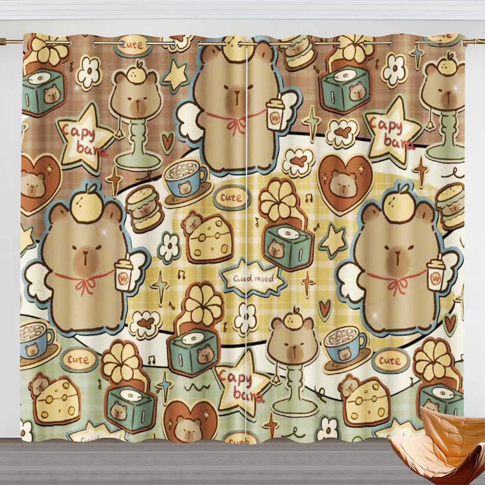 

Cartoon Capybara Curtain Kids Bedroom Polyester Shade Animation Room Decorations Multiple Sizes For Sleeping Area Made Of W100*H130(CM)-Grommet top&2PCS