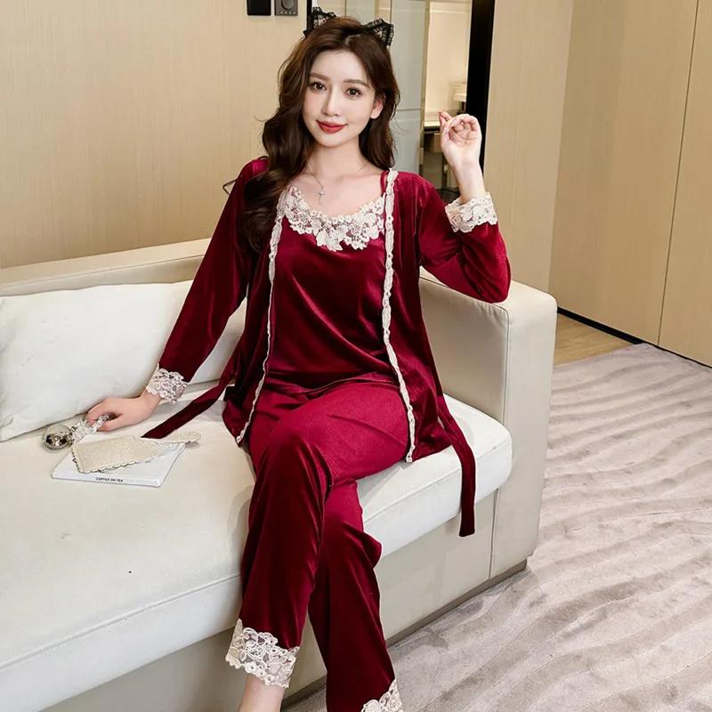 Pijamale elegante din fleece nobile pentru femei, 3 piese, pijamale franceze clasice și leneșe, pijamale de noapte noi pentru toamnă/iarnă, la modă Y2K