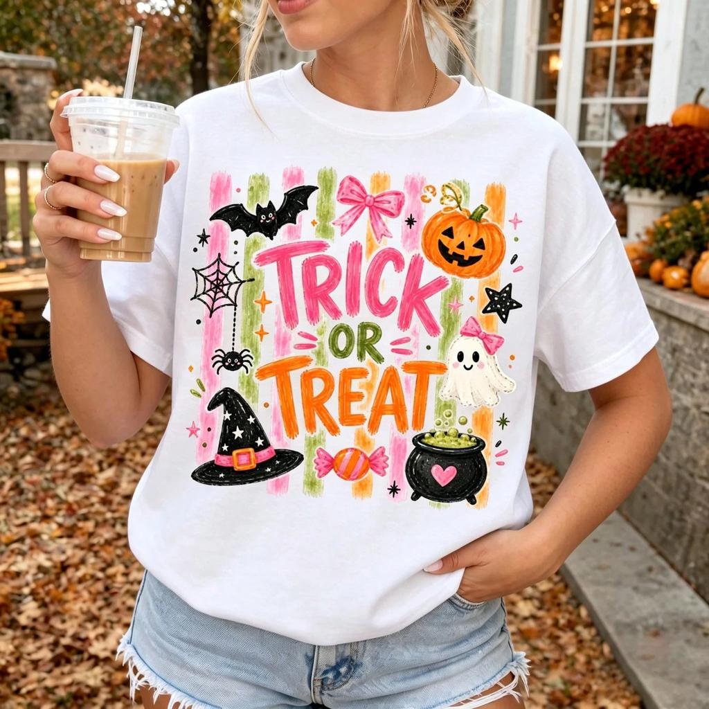 Retro Pink Halloween Trick Or Treat Graphic Tee Coquette Aesthetic Short Sleeve
