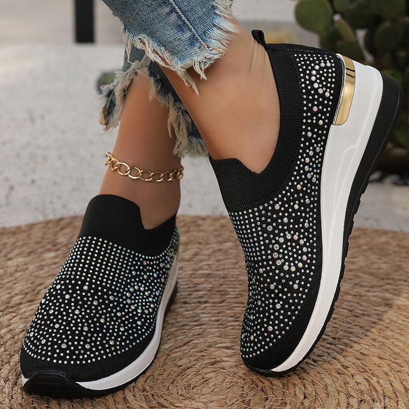 Fashion Hot Pink Shiny Crystal Knitted Sneakers for Women Fashion Wedge Comfortable Sports Shoes Woman Lightweight Slip On Running Shoes