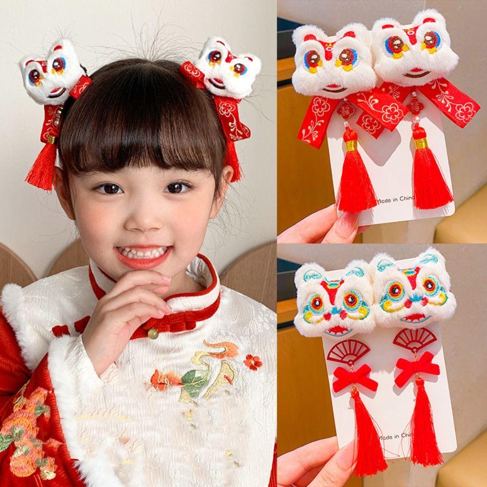 Tassel Children Red Bow Hairpin Lion Dance Hanfu Hair Sticks Cute Chinese New Year Headwear Baby