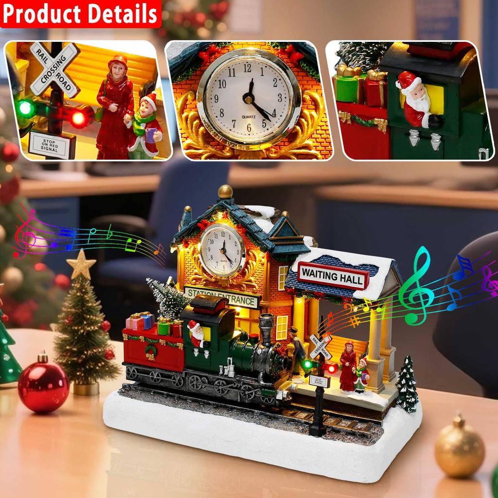 Animated Christmas Village Scene with Moving Train and Clock LED Lights Music & Train Station Holiday Building Indoor Decoration