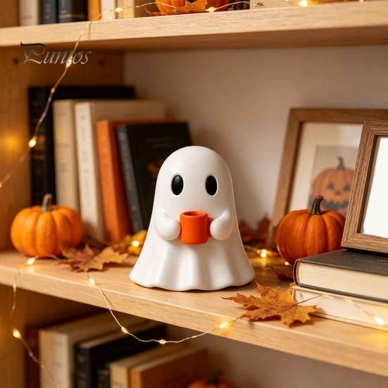 Small Gnome Statue Ghost Drinking Coffee Figurine, Cute White Holding Orange Mug Statue, Spooky Figurine Halloween Bar Decoration for Kitchen Counter,