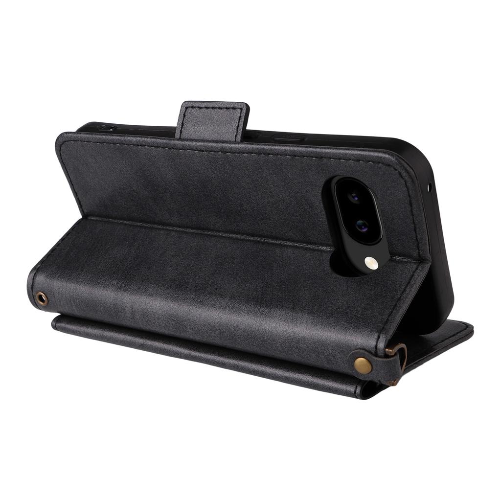 For Google Pixel 9a Leather Case Magnetic Closure Wallet Stand Phone Cover with Crossbody Strap
