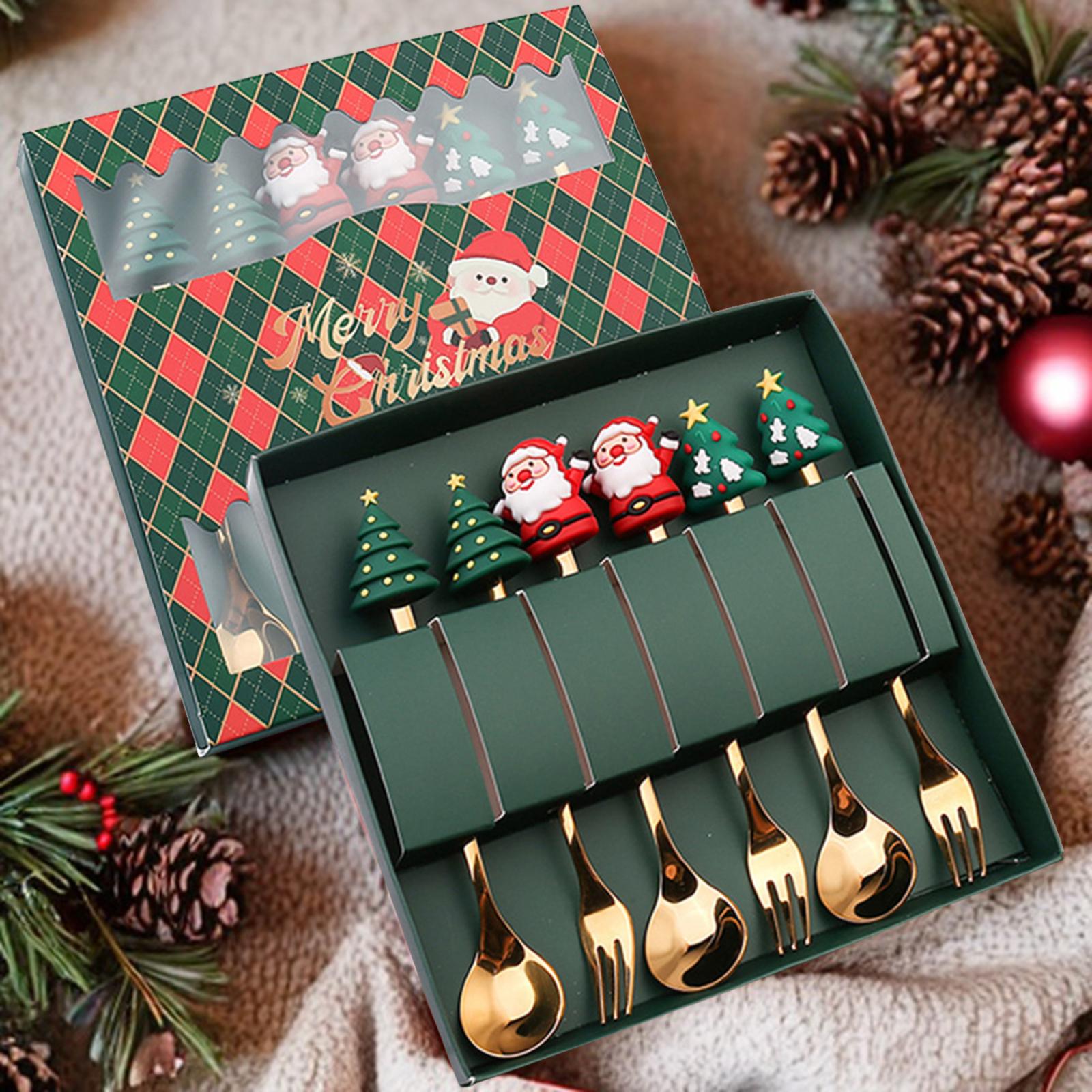 

6 Pieces Christmas Spoons Forks Set Utensils Stainless Steel Dessert Spoons Forks for Restaurant Xmas Kitchen Gift Daily Use