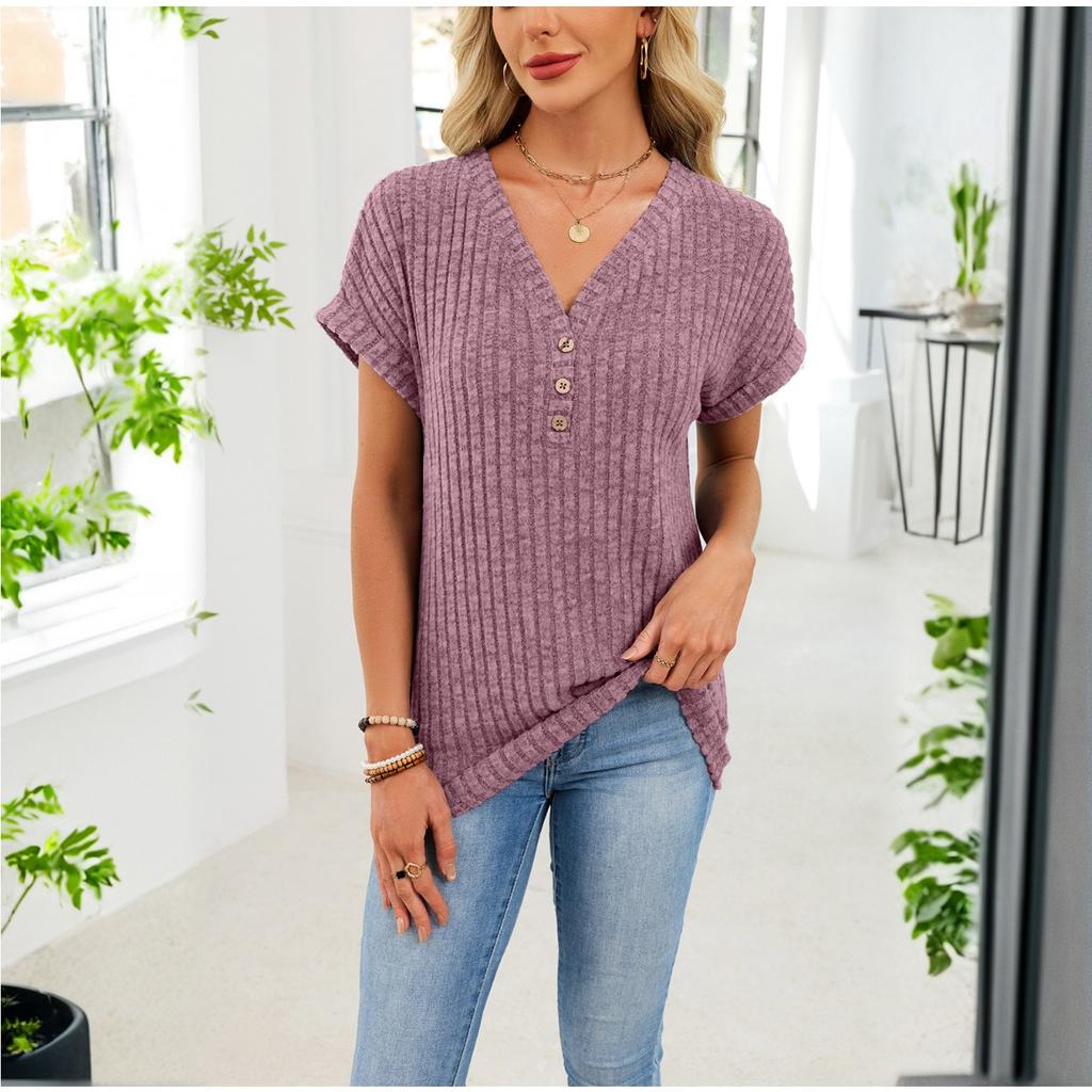 Summer Spring Women's Solid Color V-neck Button Short Sleeve Casual Knit T-shirt