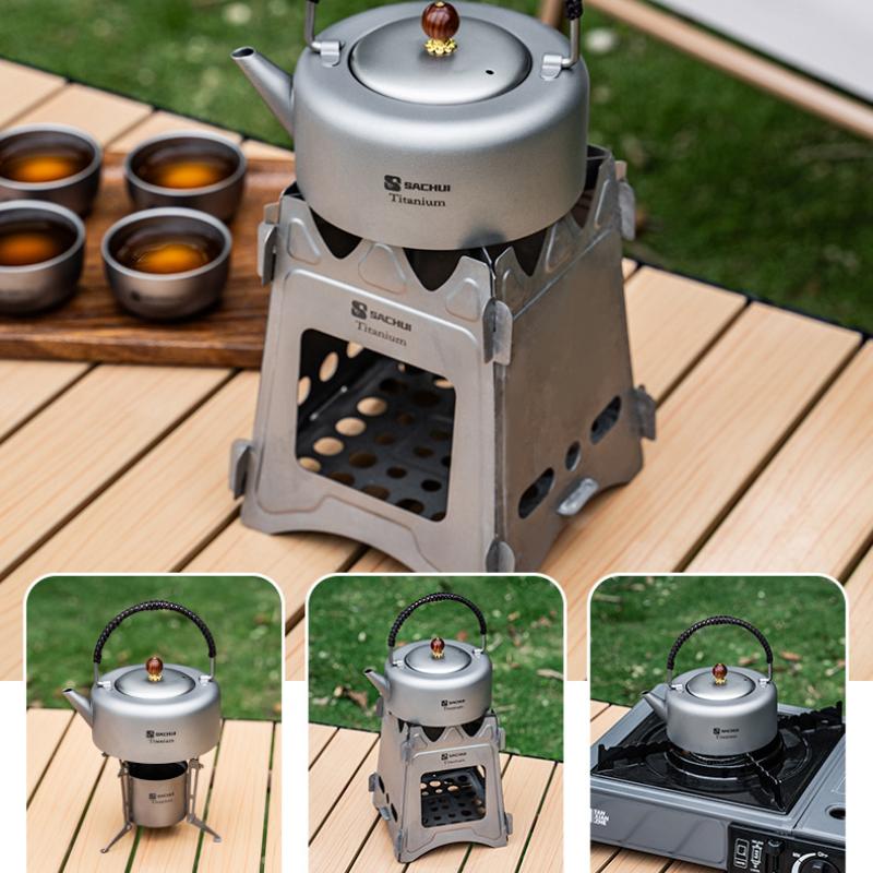 Pure Titanium Tea Kettle Outdoor Boiling Kettle Camping Portable Double Layer Tea Set with Storage Bag
