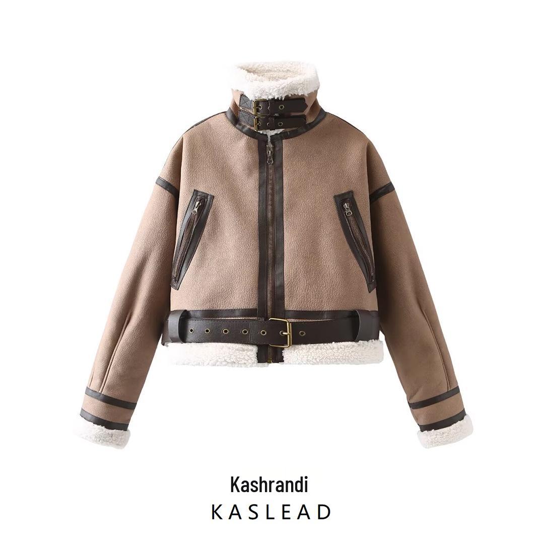 

2024 Autumn Women s European & American Style Versatile Leather & Fur Long-Sleeve Coat Medium верблюд