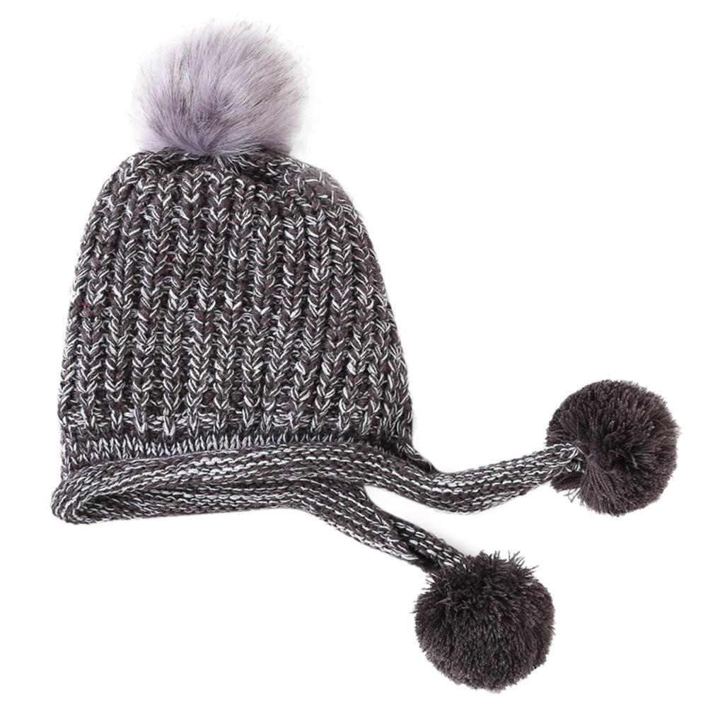 Women Winter Warm Knitted Cap Fleeced Earmuffs Cap with Cute Plush Balls