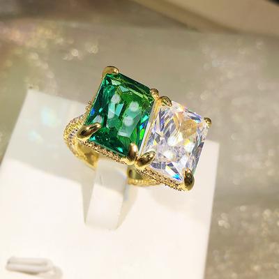 Artificially Cultivated Muzo Emerald Ring Square Diamond Ring for Women Ins Fashion Personality Emerald Ring