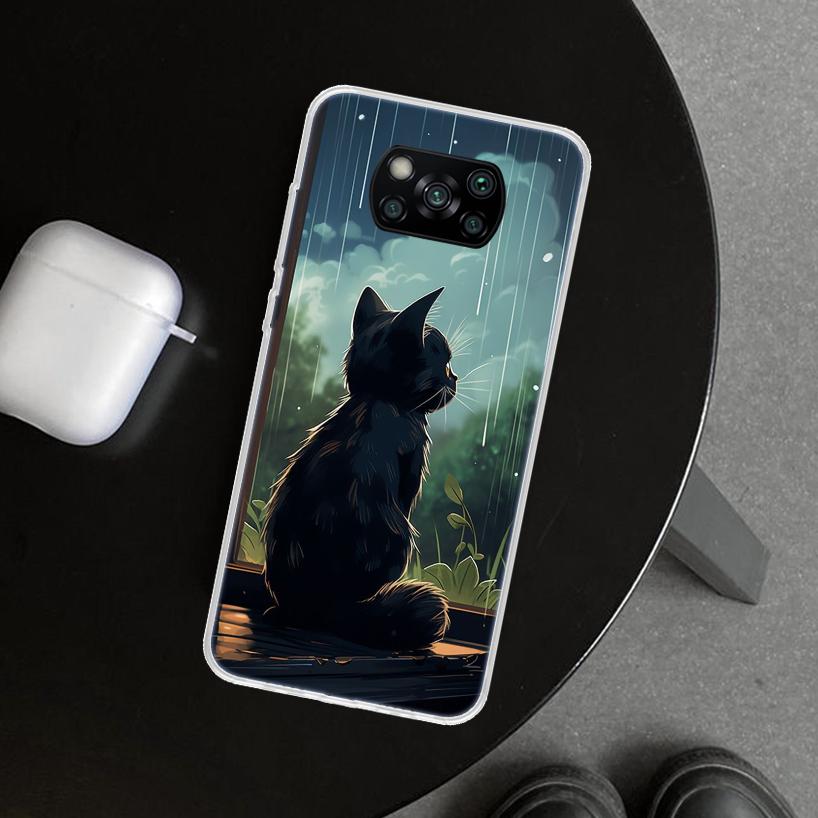 Anime Cat Rain Animal Phone Case Cover for Xiaomi Poco X6 X5 X7 Pro F7 Ultra Redmi 15C 15 13C 13 12C 12 10C 10 10A 9C 9A 9T 9 Co