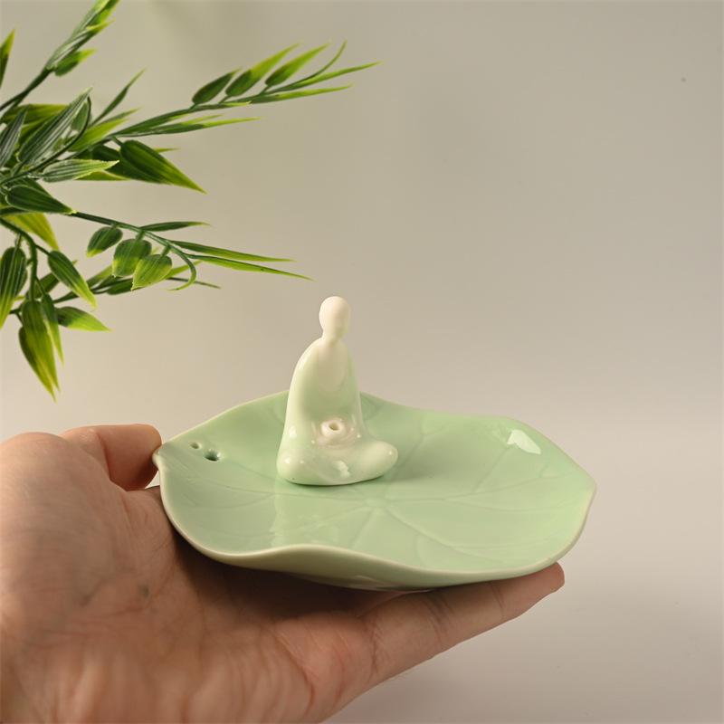 Celadon Lotus Leaf Incense Holder - Ceramic Monk Zen Burner for Indoor Decor