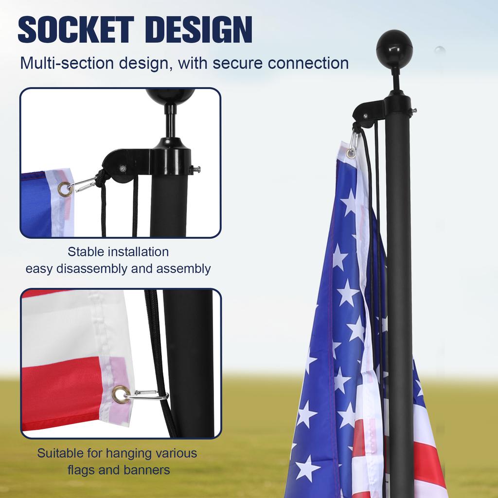 25FT Aluminum Alloy Flag Poles Extra Thick Rustproof Flagpole Kit with 360° Rotating Rings Clip for Yard Residential Commercial
