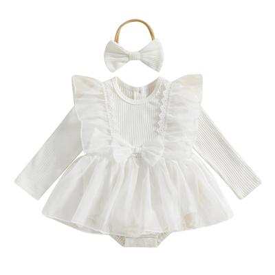 Baby Girls Spring Romper Dress Long Sleeve O Neck Lace Trim Tulle Romper with Headband