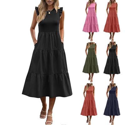 Women's Bohemian Round Neck Ruffle Sleeve Color Summer Casual Dresses